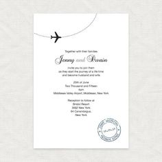 a wedding card with an airplane flying in the sky on it's back side