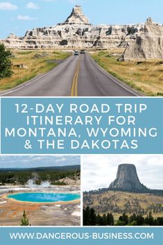 the road trip in montana, wyoming and the dakotas with text overlay that reads 12 - day road trip itinerary for montana, wyoming & the dakotas