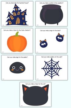 four different halloween cards with pumpkins, cats and ghost faces on the same page