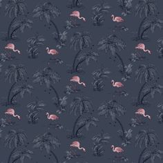 pink flamingos and palm trees on a dark blue background