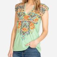 The Bold And Colorful Deep Scoop T-Shirt Is The Thing To Wear When You're Feeling Sure, Centered And Ready To Take On The World. Festive Embroidery, A Unique Cut And A V-Neck Take This Top Over The Edge, Making It A Seriously Great Piece To Have In Your Wardrobe. Spring Embroidered V-neck T-shirt, Casual Embroidered Crew Neck Top, Summer Floral Embroidered V-neck T-shirt, Embroidered V-neck T-shirt For Summer, Casual Short Sleeve Embroidered Summer Top, Casual Embroidered Short Sleeve Top For Spring, Spring Cotton Top With Cap Sleeves, Spring Cotton Cap Sleeve Top, Cotton V-neck T-shirt With Floral Embroidery