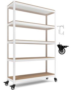 a white shelf with wheels and two shelves on each side, one is open to show the