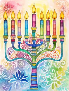 a painting of a menorah with five lit candles