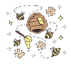 a drawing of bees flying around a beehive