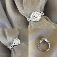 two different views of an engagement ring with diamonds on the side and in between them