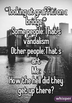 the words looking at graffiti on a bridge some people that's vandalism other people that's art me how the hell did they get up there?