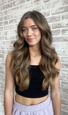 hair inspo, curled hair, haircut ideas, hair ideas, haircut inspo, volume hair, hairstyles, blonde hair, bronde hair, dirty blone hair, perfect curls, what to ask hairstylist for, hair day, beautiful curls, formal hair Hairstyle Big Curls, Hairstyles With Hair Curled, Long Wavy Hair Formal, Hoco Blowout Hair, Lower Curls Hair Hairstyles, Aesthetic Curled Hairstyles, Wedding Guest Curled Hair, The Swoosh Hair, Loose Curls With Volume