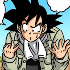 an animated image of a young gohan with his hands in the air