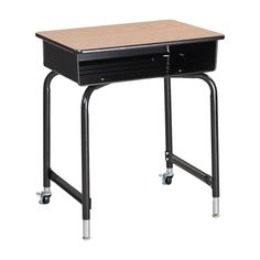 a black desk with wheels and a wooden top