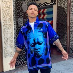 Material: 100% Polyester Blue Summer Streetwear Shirt, Blue Button-up Shirt With Graphic Print, Blue Graphic Print Button-up Shirt, Blue Collared Shirt For Streetwear, Black Sky, Gold Shorts, Seersucker Pants, Checkered Shirt, Hip Hop Streetwear