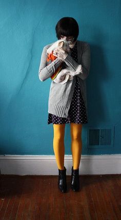 Skirts With Tights, Tights With Boots, How To Wear Cardigan, Yellow Polka Dot Dress, Dress Like A Parisian