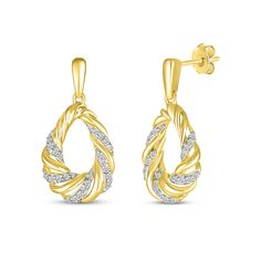 Dress up your look with these drop earrings. Crafted in 10K yellow gold with white rhodium details, each teardrop dangle features alternating swirls of round-cut diamonds and polished twists. The earrings have a total diamond weight of 1/5 carat and secure with friction backs. Gold Book, White Earrings, Accessories Jewelry Earrings, Gold Jewelry Fashion, Earring Backs, Diamond Stone, Round Cut Diamond, Teardrop Earrings, Designer Earrings