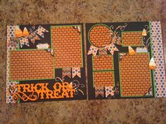 two scrapbook pages decorated with orange and black polka dots, one has the word trick or treat written on it