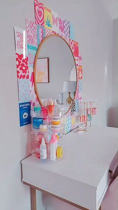 there is a vanity with many items on it