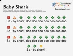 the baby shark song is written in green and orange letters on a white sheet with black lettering