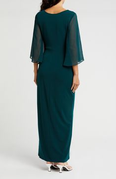 Exude classic elegance in a navy-blue gown designed with frothy sheer sleeves and shaped with delicate ruching. 58" length Slips on over head Asymmetric neck Bracelet-length sleeves Lined, except sleeves 96% polyester, 4% spandex body with 100% polyester sleeves Hand wash, dry flat Imported Formal Floor-length Maxi Dress With Gathered Sleeves, Formal Floor-length Maxi Dress With Sheer Sleeves, Formal Chiffon Maxi Dress With Ruched Bodice, Elegant Maxi Dress With Gathered Sleeves For Formal Events, Fitted Chiffon Maxi Dress With Draped Sleeves, Formal Chiffon Evening Dress With Sheer Sleeves, Formal Evening Dress With Sheer Sleeves And Chiffon Material, Formal Evening Dress With Sheer Sleeves In Chiffon, Formal Ruched Chiffon Evening Dress