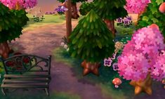 a park bench sitting in the middle of a forest filled with pink flowers and trees