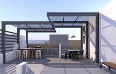 an outdoor kitchen and dining area is shown in this 3d image, while the sun shines through the roof