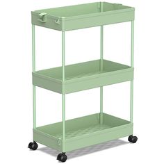 a green cart with three shelves and wheels on each shelf is shown in front of a white background