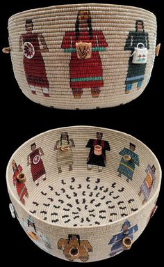 two baskets with different designs on them, one is made out of woven and the other has