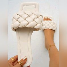 Beige, Braided Design Slide Sandals Size: Us 7.5 Cream Toe Post Sandals In Synthetic Material, Cream Toe Post Synthetic Sandals, Cream Flat Synthetic Sandals, Synthetic Toe Post Sandals For Summer Outings, Design Slide, Shein Shoes, Braid Designs, Slides Shoes, Slide Sandals