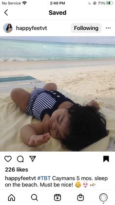 a baby laying on top of a beach next to the ocean and an instagram post