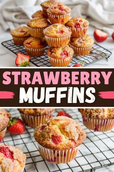 strawberry muffins on a cooling rack with strawberries in the background and text overlay