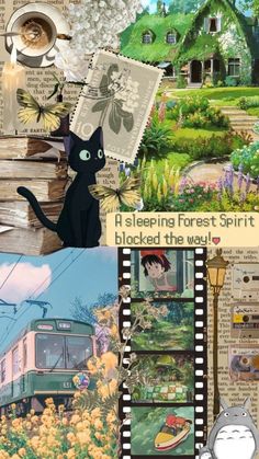 a collage of pictures with cats, flowers and other things in it's background