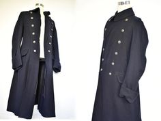 A simply stunning Edwardian original Greatcoat or 'British Warm' as they came to be known.  Originally a military coat now popular for civilian wear.   This early example is in immaculate antique condition made from a heavy tightly woven wool which is heavily milled and brushed to give it a short raised nap giving it its incredible warmth and rain repellent qualities.   The coat is double breasted but can be also worn with the lapels buttoned back as shown giving a much more updated casual look Tailored Style, Military Coat, Steam Punk, Metal Buttons, Dandy, Mens Coats, Double Breasted, Casual Looks, Mens Jackets