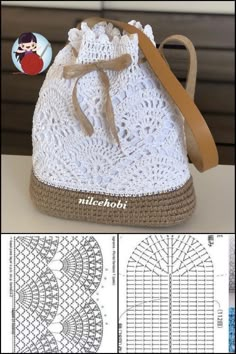 a crocheted bag with an attached drawstring on the front and side