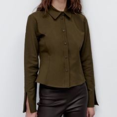 Nwt Zara Fitted Stretch Top In Olive Green Cotton Blend, Fitted Long Sleeve Top With Corset Like Style. Chic Olive Blouse For Fall, Classic Olive Top For Workwear, Fitted Tops For Office In Fall, Classic Olive Tops For Workwear, Olive Fitted Long Sleeve Tops, Fitted Olive Long Sleeve Tops, Structured Fitted Tops For Fall, Fitted Structured Tops For Fall, Structured Tops For Fall Workwear