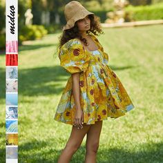 Digital Printed Square Collar Lantern Short High Waist Sleeve Women's Backless Puffy Dress French Princess, Sunflower Dress, Fluffy Skirt, Puffy Dresses, French Dress, Dress Backless, Pleated Mini Dress, High Waist Fashion, Pleated Fabric