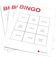 three cards with words on them that say, bibi bingo and don't steal