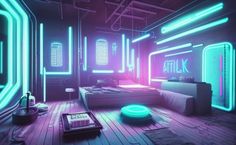 a room with neon lights and a bed in the middle is lit up by an electronic device