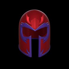 a red and purple helmet on a black background