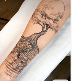 a person with a tree tattoo on their arm and the image is in full color