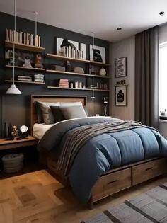 a bed room with a neatly made bed and shelves