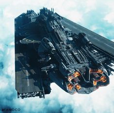 a sci - fi ship floating in the sky with clouds around it and lights on