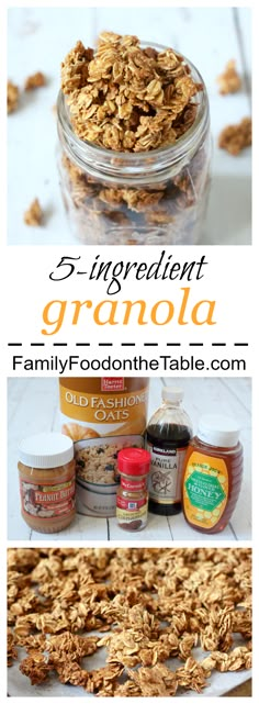 granola in a glass bowl with the words 5 ingredient granola on top and below