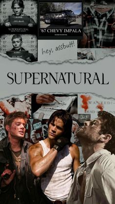 the poster for supernatural, starring actors from different films and shows them in torn paper