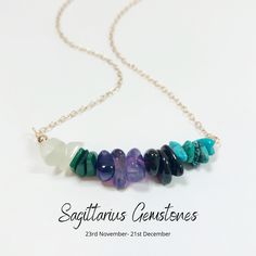 ★ Sagittarius Necklace, November Birthday, December Birthday Gift For Her, Zodiac Gemstone Necklace ★ This unique Sagittarius necklace is formed with 5 different raw gemstones ★ Jade, Malachite, Amethyst, Garnet And Turquoise ★ All gemstones used are natural and each of them means different characteristic of Sagittarius, please view photo 2 for more details ★ One off and versatile, suitable to wear on its own, layered necklace and everyday wear ★ This is a special and unique treat for yourself o May Birthstone Crystal Necklace For Healing, Spiritual Birthstone Necklace For Birthday, Spiritual Gemstone Necklace For Birthday, Sagittarius Necklace, December Birthday Gifts, November Birthday, December Birthday, View Photo, Choker Style