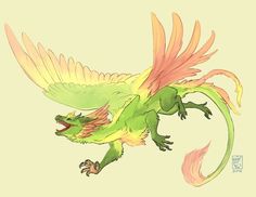 a drawing of a green and yellow dragon with its wings spread out, it's mouth open