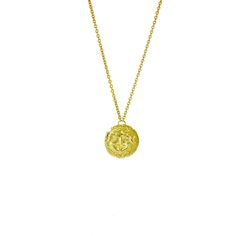 Stop them in their tracks with the arresting gaze of our Medusa necklace. Fashioned in sterling silver or 18K yellow gold, this coin pendant hangs on a fine trace chain. The reverse side features a standing bull with an olive branch at its feet. Wear this unique necklace on its own or layered with others for a relaxed bohemian feel.  The myth of Medusa is characterised by paradox, both in terms of her actual stare, which turned men to stone, and in the interpretations that have been given to it. The fascination that she exerts arises from a combination of beauty and fear. Her head was used, in Ancient times, as an apotropaic mask - a talisman to ward off bad luck and the 'evil eye'. Handmade in London, England. Pendant measures: 14mm Chain length: 18 inches Bolt ring fastening (silver), Lo Amulet Style Yellow Gold Sterling Silver Coin Necklace, Amulet Sterling Silver Coin Necklace In Yellow Gold, Yellow Gold Medallion Necklace, Gold Medallion Necklace With Cable Chain As Gift, Yellow Gold Medallion Necklace With Adjustable Chain, Yellow Gold Sterling Silver Coin Medallion Necklace, Yellow Gold Medallion Coin Necklace With Adjustable Chain, Gold Medallion Coin Necklace With Cable Chain, Tarnish Resistant Sterling Silver Coin Necklace In Yellow Gold