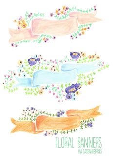 three watercolor ribbons with flowers on them