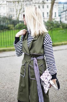 olive green vest, black and white stripe shirt, black leather leggings, handmade, sewing, exploring london in layers Exploring London, Top Fashion Bloggers, Handmade Sewing, Vintage Couture