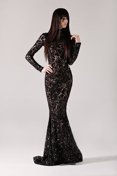 Sequin embroidered gown with high neck & closed back. Dress High Fashion, High Fashion Photoshoot, Black Gown Dress, Desi Dress, Fashion Model Poses, Michael Costello, Sherri Hill Prom Dresses, Queen Dress, Flirty Dresses