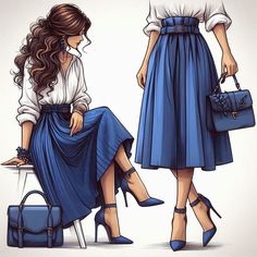 Chic Footwear, Midi Skirt White, Colour Blocking Fashion, Blue Midi Skirt, Navy Sandals, Spring Outfit Ideas, Fashion Drawing Dresses, Sandals Outfit, Moda Chic