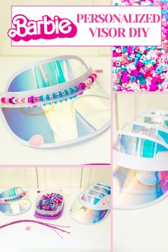 a collage of various items including sunglasses, bracelets and other accessories with the words barbie personalized visor diy written on them