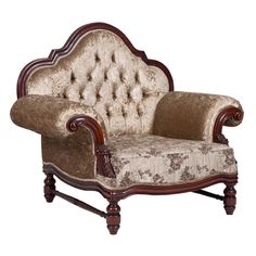 an antique style chair with floral upholstered fabric and wood trimmings on the arms