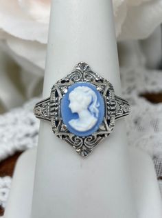 Blue & White Lady Cameo Ring, Vintage Jewelry, Silver Embrace Jewelry, Art Deco Jewelry with Egyptian style, Cleopatra Ring, D209 Blue Cameo Jewelry For Wedding, Victorian Blue Cameo Jewelry, Collectible Blue Rings, Blue Cameo Jewelry For Formal Occasions, Formal Blue Cameo Jewelry, Graceful Lady, London Blue Topaz Earrings, Rainbow Opal, Filigree Necklaces